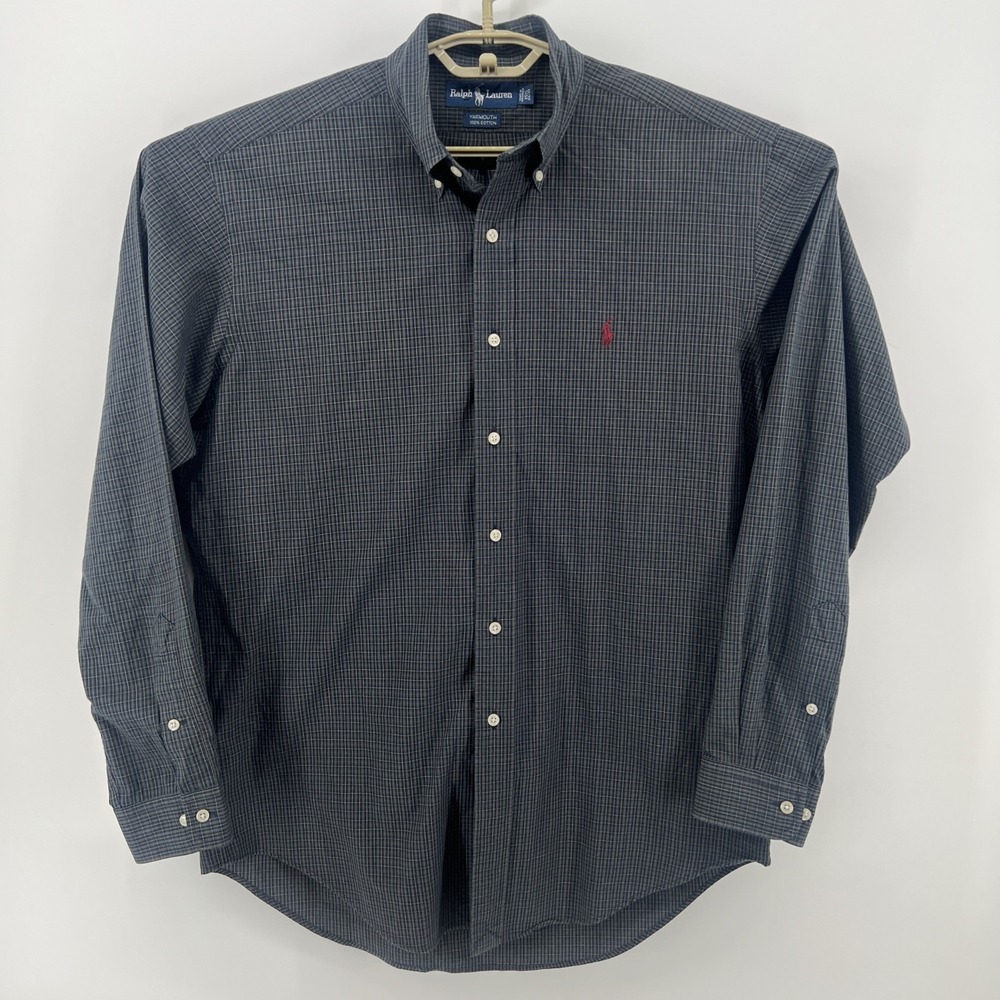 Ralph Lauren Yarmouth Mens 15.5X34/35 Green Blue Micro Plaid Cotton Dress Shirt